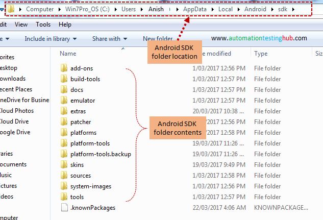 Android Environment Variables - Android SDK folder contents
