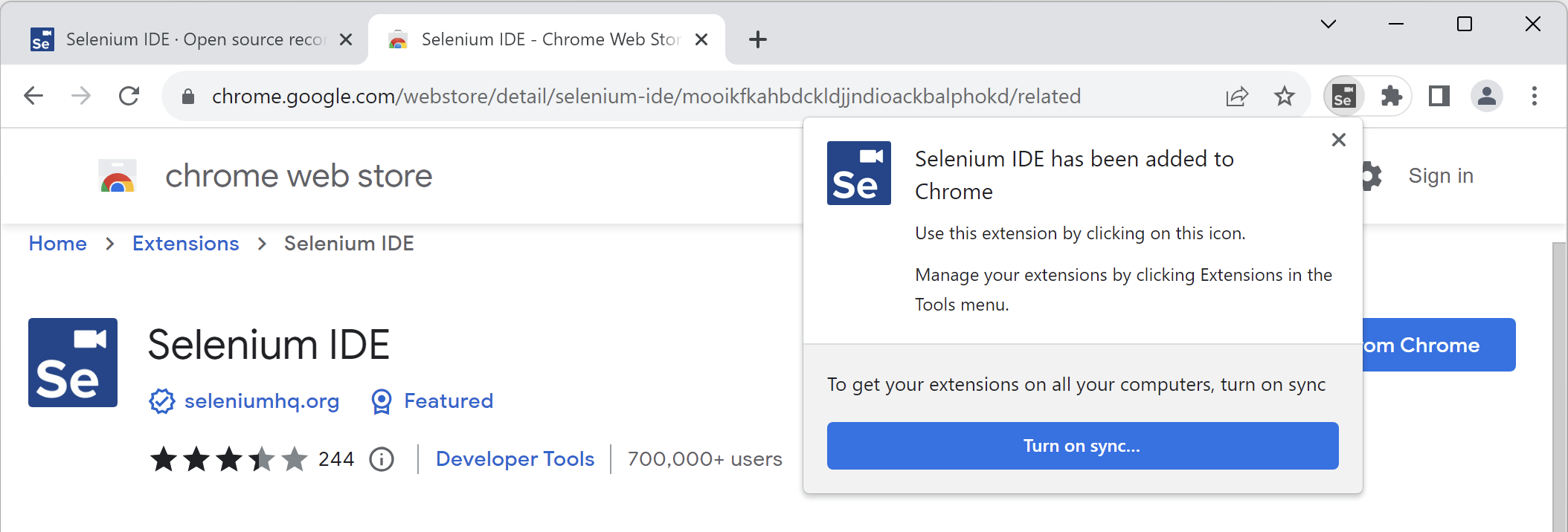 selenium ide has been added to chrome