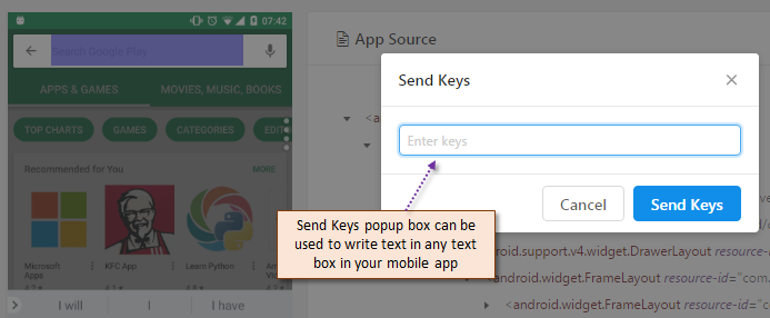 Send Keys popup box in Appium Inspector